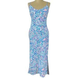 Lilly Pulitzer Marietta Bias Light Blue Fish Kiss Midi Slip Dress (Sz M)